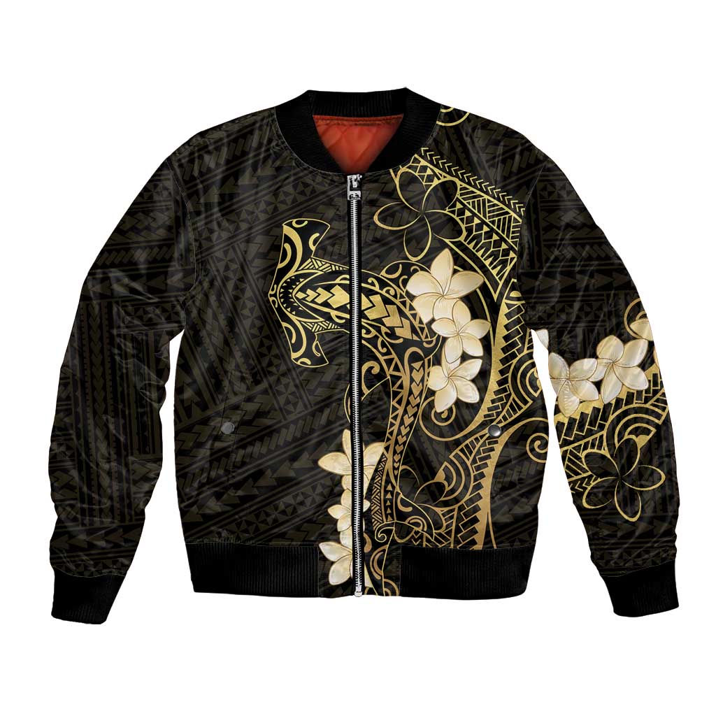 Black and Gold Hawaii Bomber Jacket Hammerhead Shark Tattoo Curve Polynesian LT14 Unisex Black - Polynesian Pride