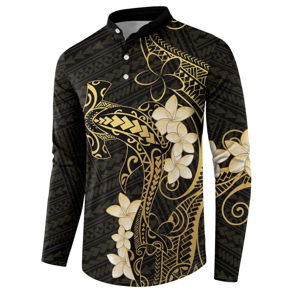 Black and Gold Hawaii Button Sweatshirt Hammerhead Shark Tattoo Curve Polynesian LT14 - Polynesian Pride