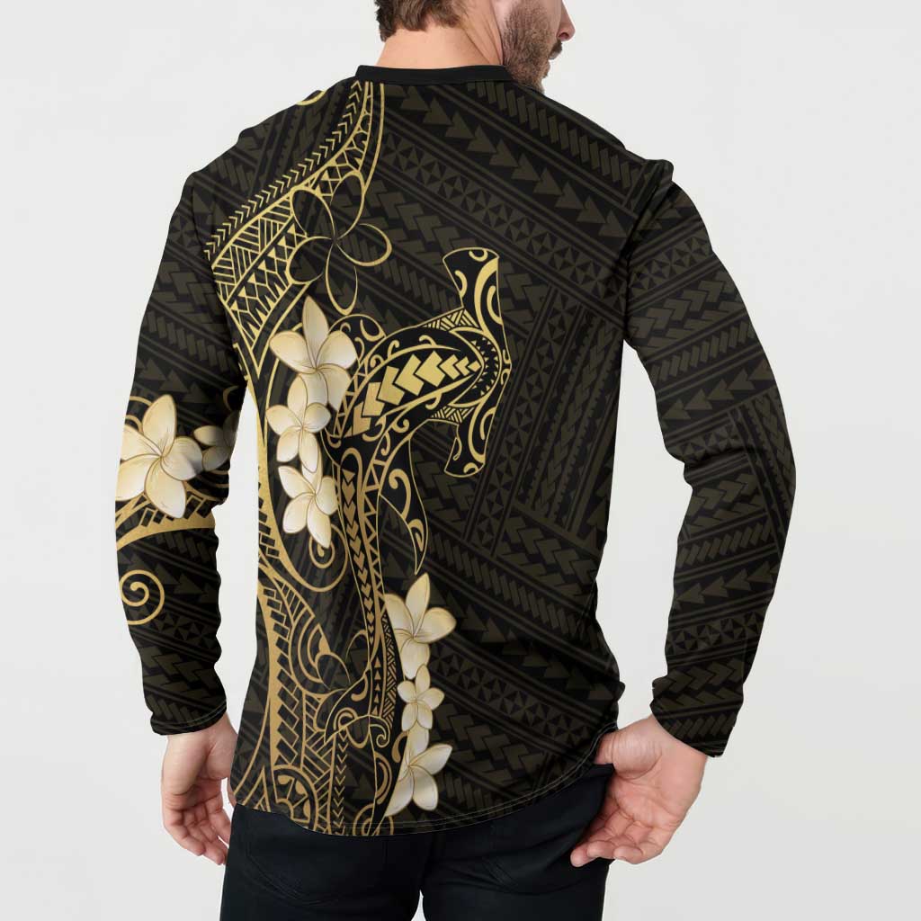Black and Gold Hawaii Button Sweatshirt Hammerhead Shark Tattoo Curve Polynesian LT14 - Polynesian Pride