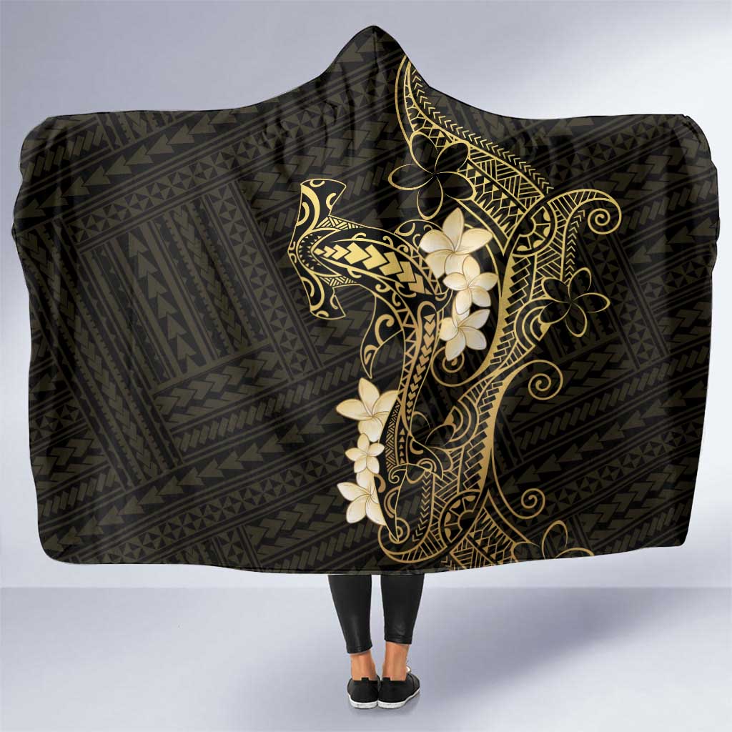 Black and Gold Hawaii Hooded Blanket Hammerhead Shark Tattoo Curve Polynesian LT14 One Size Black - Polynesian Pride