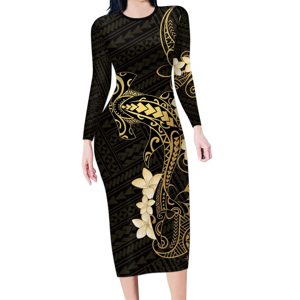 Black and Gold Hawaii Long Sleeve Bodycon Dress Hammerhead Shark Tattoo Curve Polynesian LT14 Long Dress Black - Polynesian Pride
