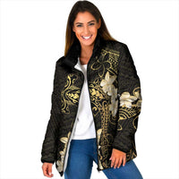 Black and Gold Hawaii Padded Jacket Hammerhead Shark Tattoo Curve Polynesian LT14 Women Black - Polynesian Pride