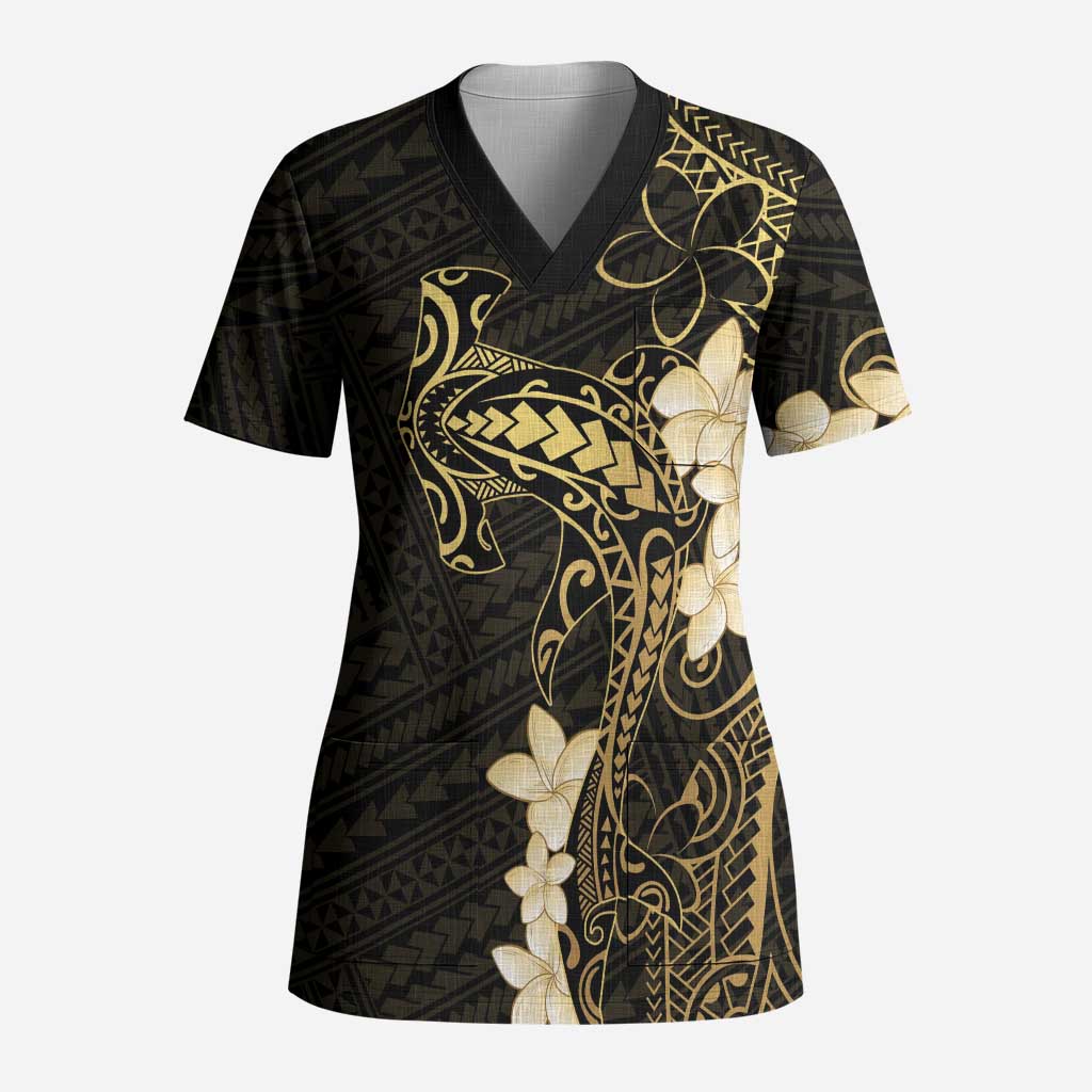 Black and Gold Hawaii Scrub Top Hammerhead Shark Tattoo Curve Polynesian LT14 Adult Black - Polynesian Pride