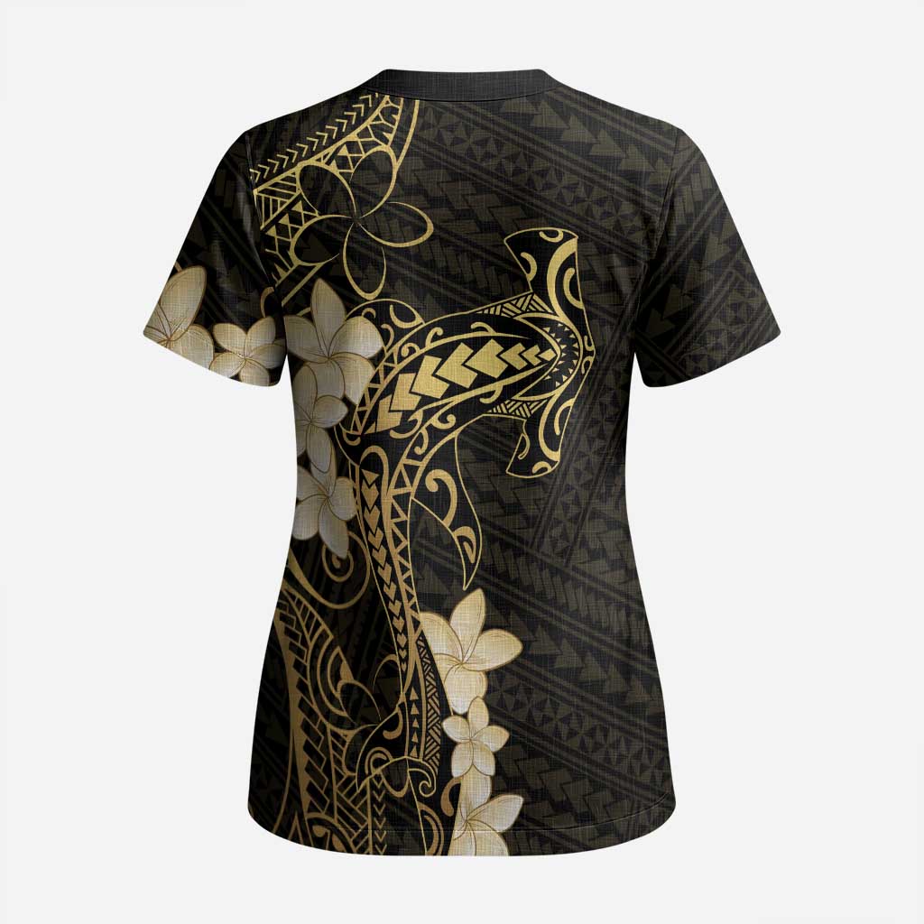 Black and Gold Hawaii Scrub Top Hammerhead Shark Tattoo Curve Polynesian LT14 - Polynesian Pride