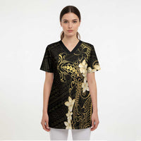 Black and Gold Hawaii Scrub Top Hammerhead Shark Tattoo Curve Polynesian LT14 - Polynesian Pride
