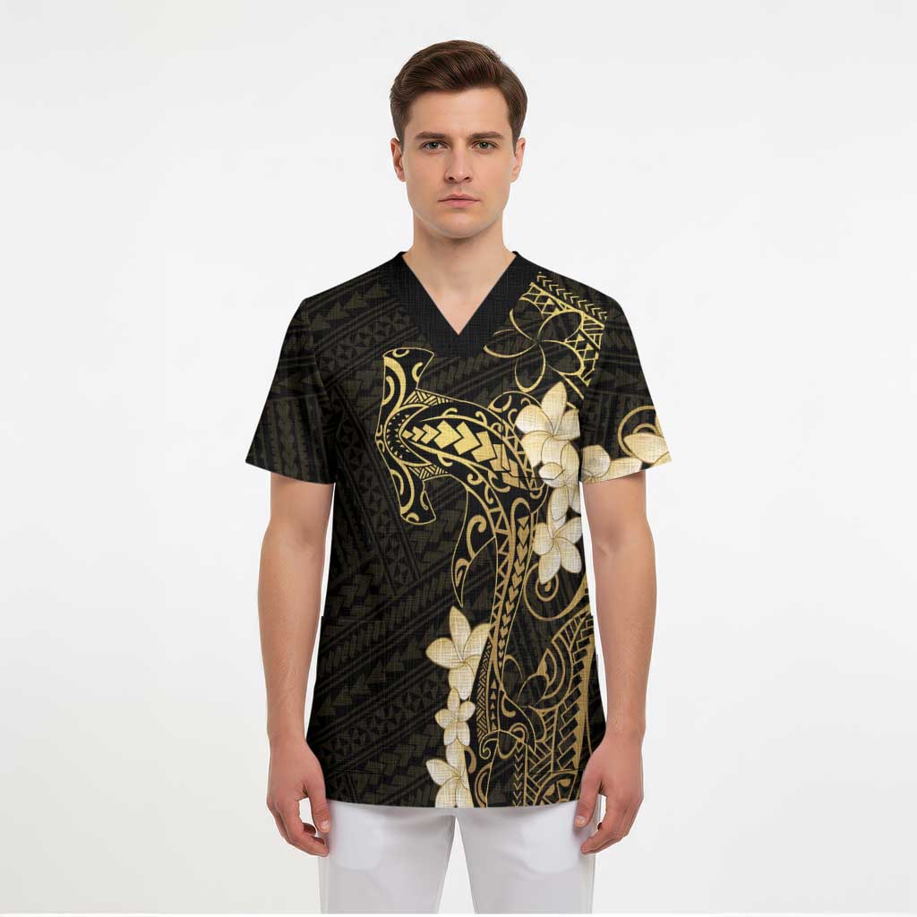 Black and Gold Hawaii Scrub Top Hammerhead Shark Tattoo Curve Polynesian LT14 - Polynesian Pride