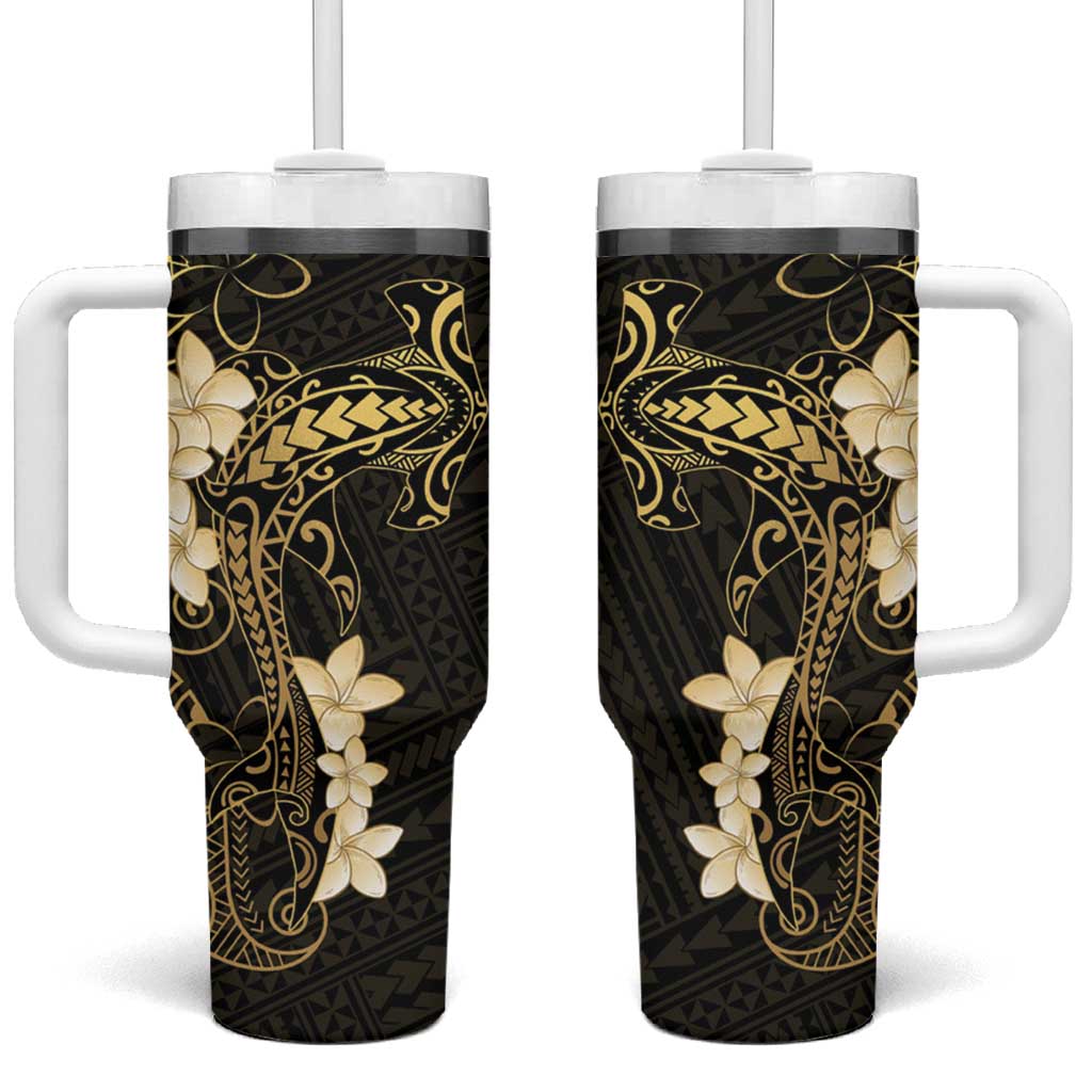 Black and Gold Hawaii Tumbler With Handle Hammerhead Shark Tattoo Curve Polynesian LT14 One Size: 40 oz Black - Polynesian Pride