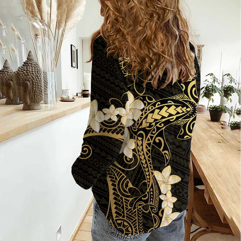 Black and Gold Hawaii Women Casual Shirt Hammerhead Shark Tattoo Curve Polynesian LT14 - Polynesian Pride