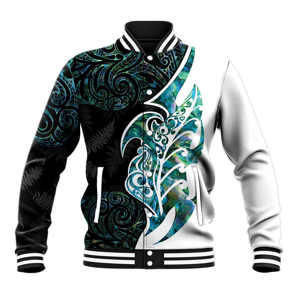 Proud Aotearoa Baseball Jacket Maori Silver Fern Mix Paua Shell Pattern LT14 Unisex Black - Polynesian Pride
