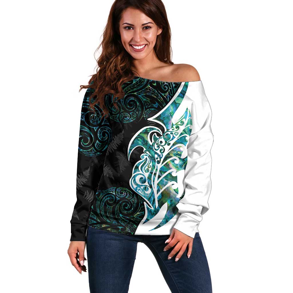 Proud Aotearoa Off Shoulder Sweater Maori Silver Fern Mix Paua Shell Pattern LT14 Women Black - Polynesian Pride
