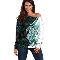 Proud Aotearoa Off Shoulder Sweater Maori Silver Fern Mix Paua Shell Pattern LT14 Women Black - Polynesian Pride