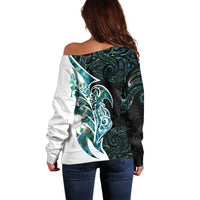 Proud Aotearoa Off Shoulder Sweater Maori Silver Fern Mix Paua Shell Pattern LT14 - Polynesian Pride