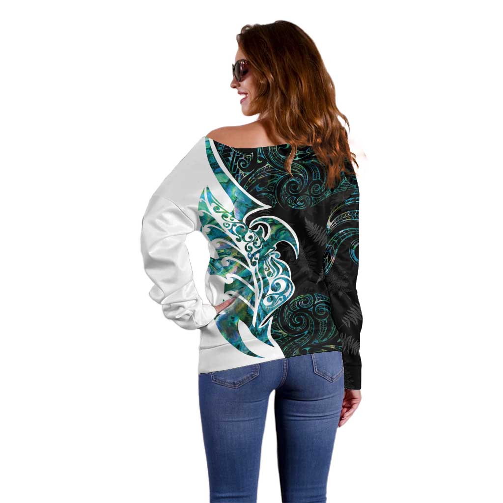Proud Aotearoa Off Shoulder Sweater Maori Silver Fern Mix Paua Shell Pattern LT14 - Polynesian Pride