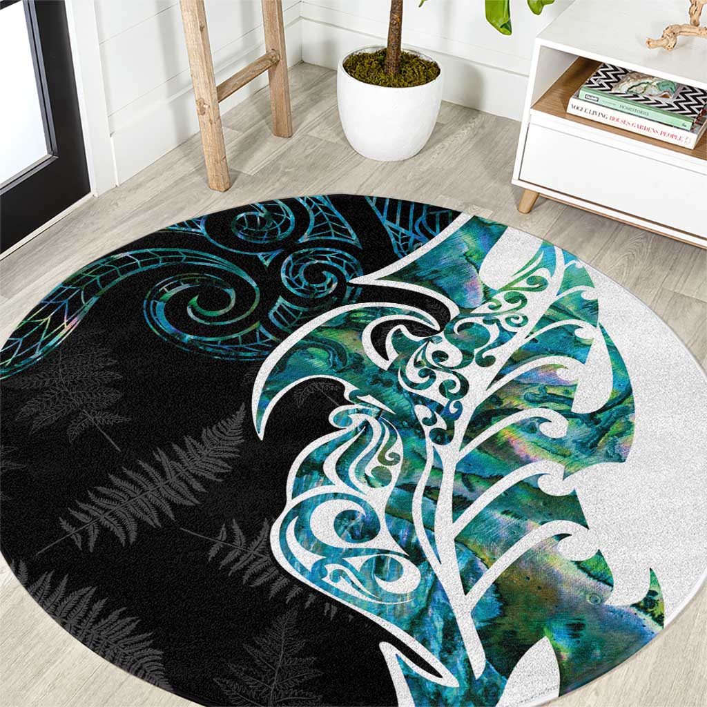 Proud Aotearoa Round Carpet Maori Silver Fern Mix Paua Shell Pattern LT14 Black - Polynesian Pride