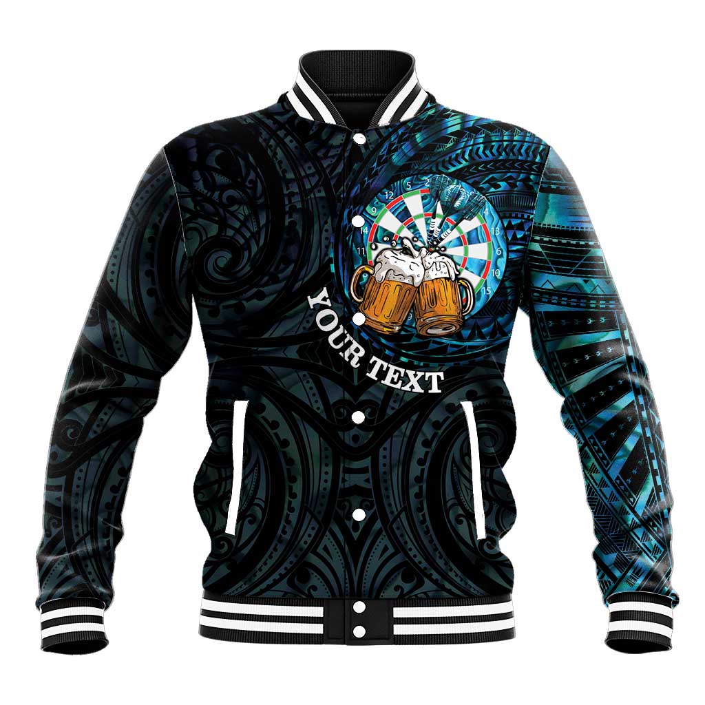 Personalized New Zealand Darts Beer Baseball Jacket Paua Shell Aotearoa Maori Tattoo LT14 Unisex Black - Polynesian Pride