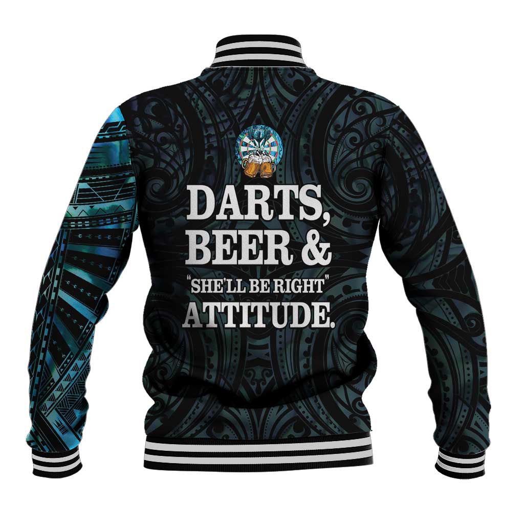 Personalized New Zealand Darts Beer Baseball Jacket Paua Shell Aotearoa Maori Tattoo LT14 - Polynesian Pride