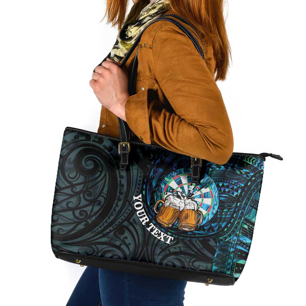 Personalized New Zealand Darts Beer Leather Tote Bag Paua Shell Aotearoa Maori Tattoo LT14 Black - Polynesian Pride