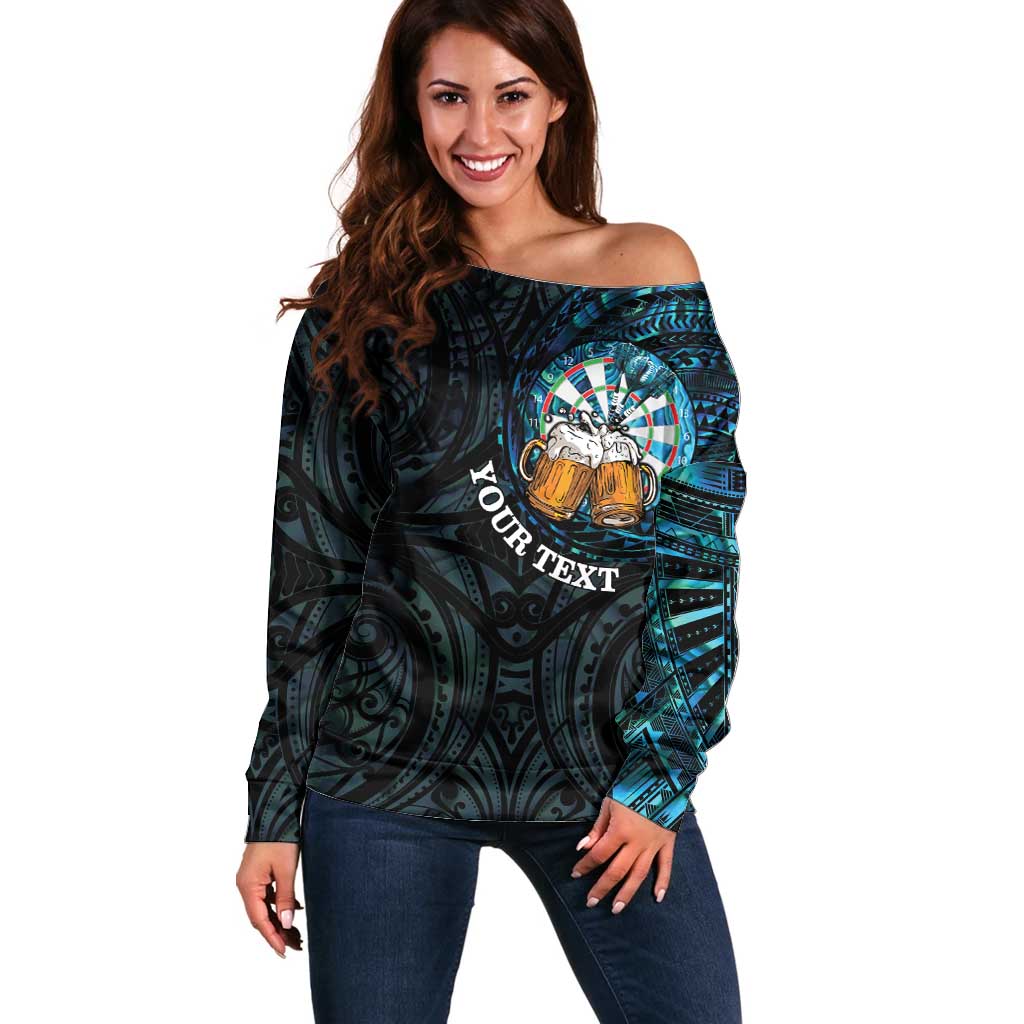Personalized New Zealand Darts Beer Off Shoulder Sweater Paua Shell Aotearoa Maori Tattoo LT14 Women Black - Polynesian Pride