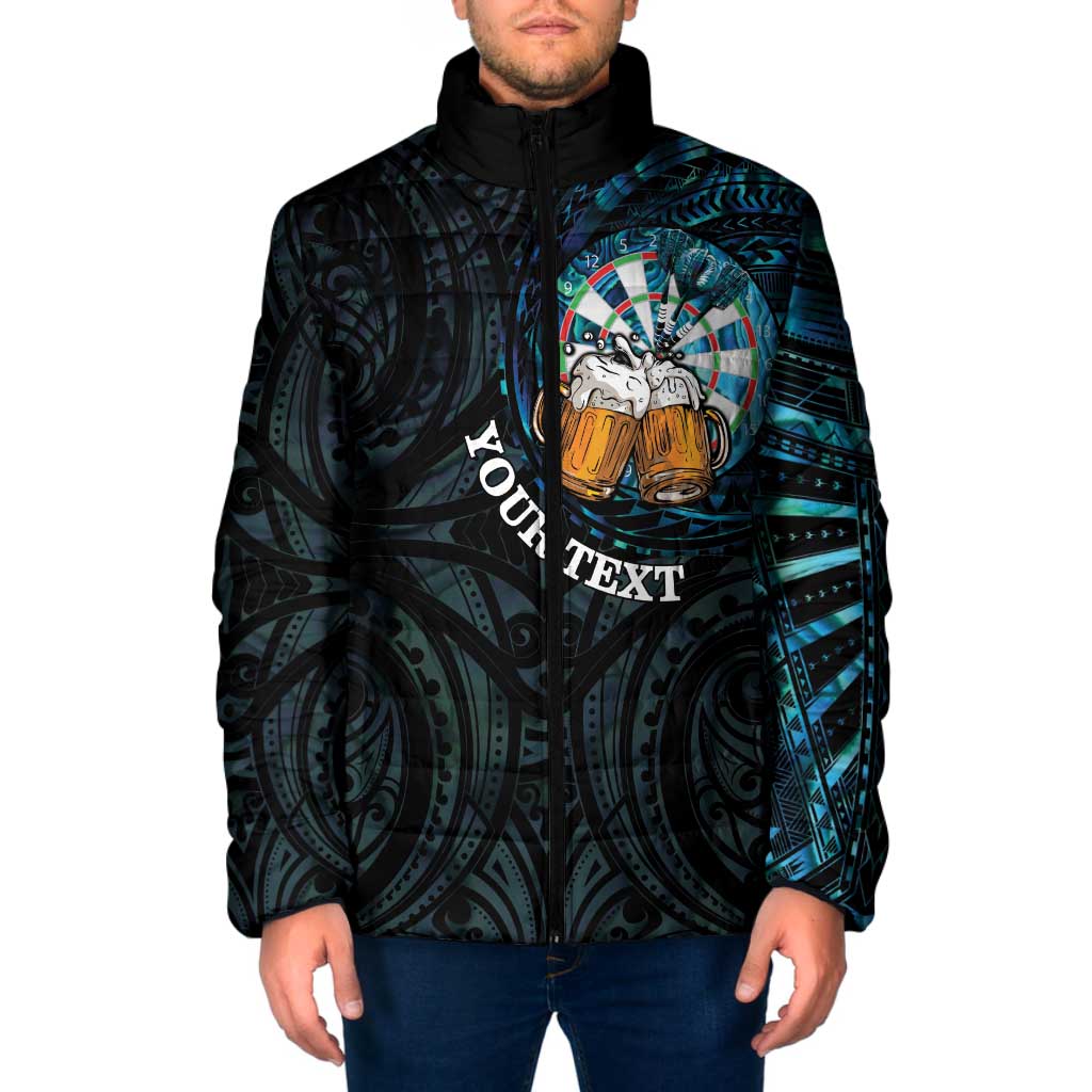 Personalized New Zealand Darts Beer Padded Jacket Paua Shell Aotearoa Maori Tattoo LT14 Men Black - Polynesian Pride