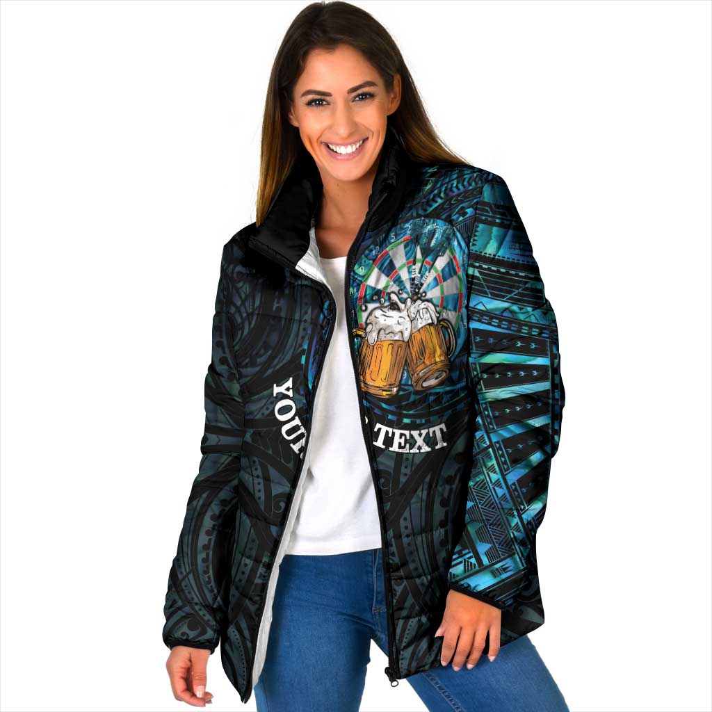 Personalized New Zealand Darts Beer Padded Jacket Paua Shell Aotearoa Maori Tattoo LT14 Women Black - Polynesian Pride