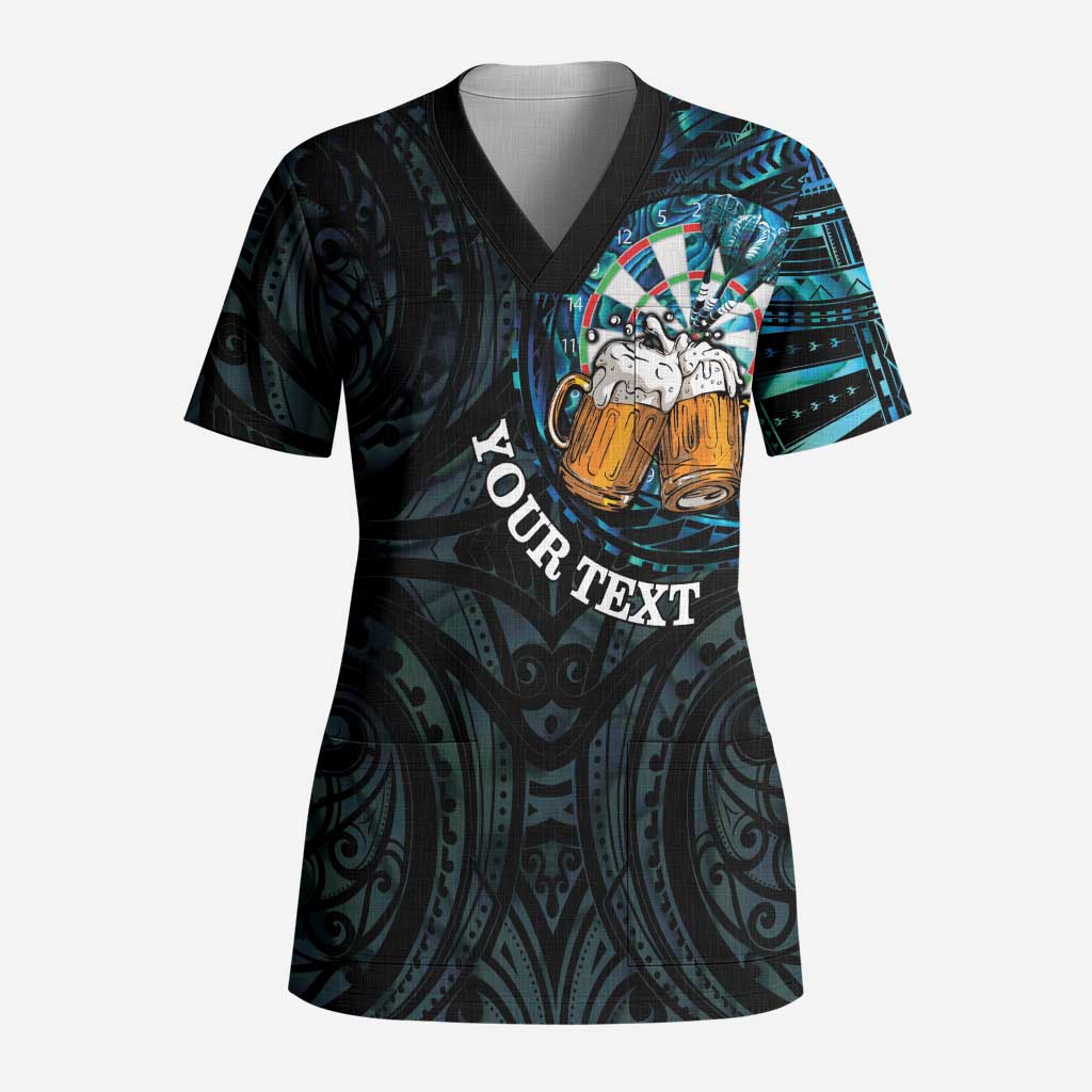 Personalized New Zealand Darts Beer Scrub Top Paua Shell Aotearoa Maori Tattoo LT14 Adult Black - Polynesian Pride