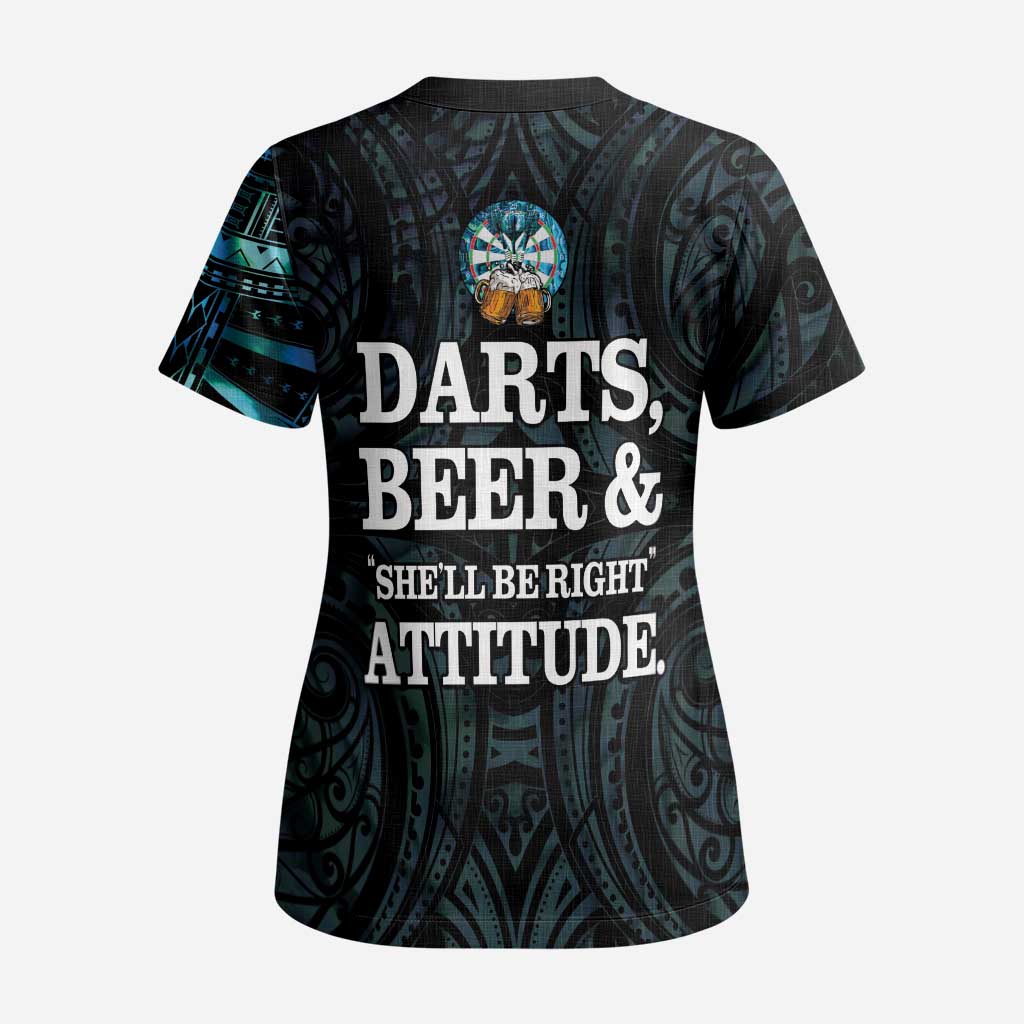 Personalized New Zealand Darts Beer Scrub Top Paua Shell Aotearoa Maori Tattoo LT14 - Polynesian Pride