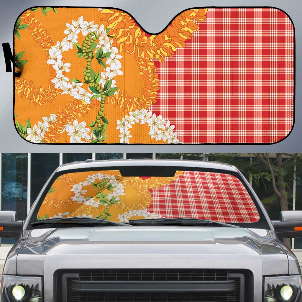 Prince Kuhio Aloha Hawaii Auto Sun Shade Plumeria Ilima Lei Palaka Motifs LT14 Red - Polynesian Pride