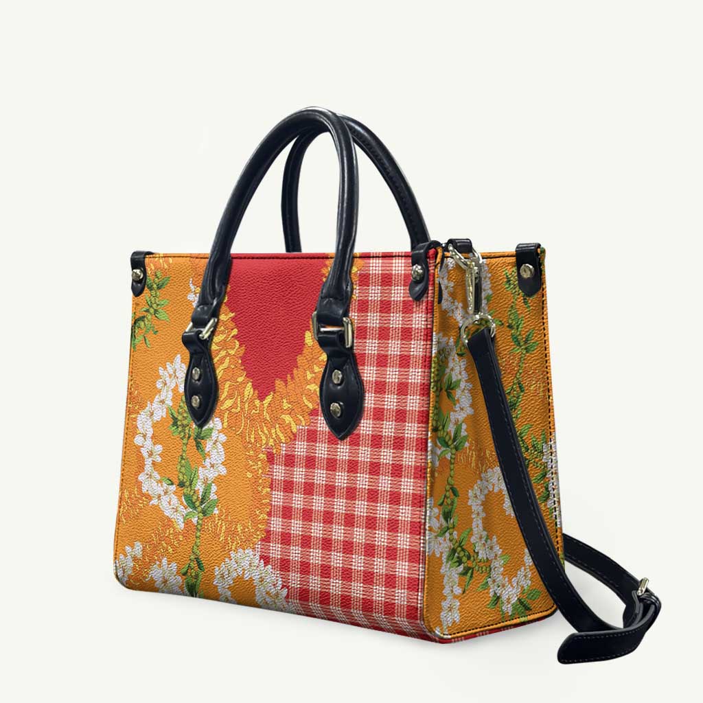 Prince Kuhio Aloha Hawaii Leather Bag Plumeria Ilima Lei Palaka Motifs LT14 Red - Polynesian Pride