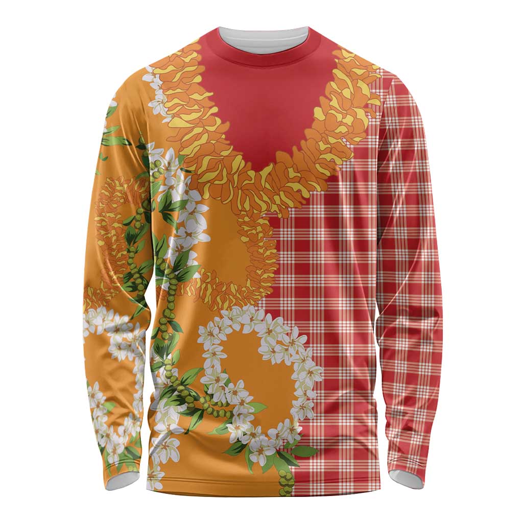 Prince Kuhio Aloha Hawaii Long Sleeve Shirt Plumeria Ilima Lei Palaka Motifs LT14 Unisex Red - Polynesian Pride