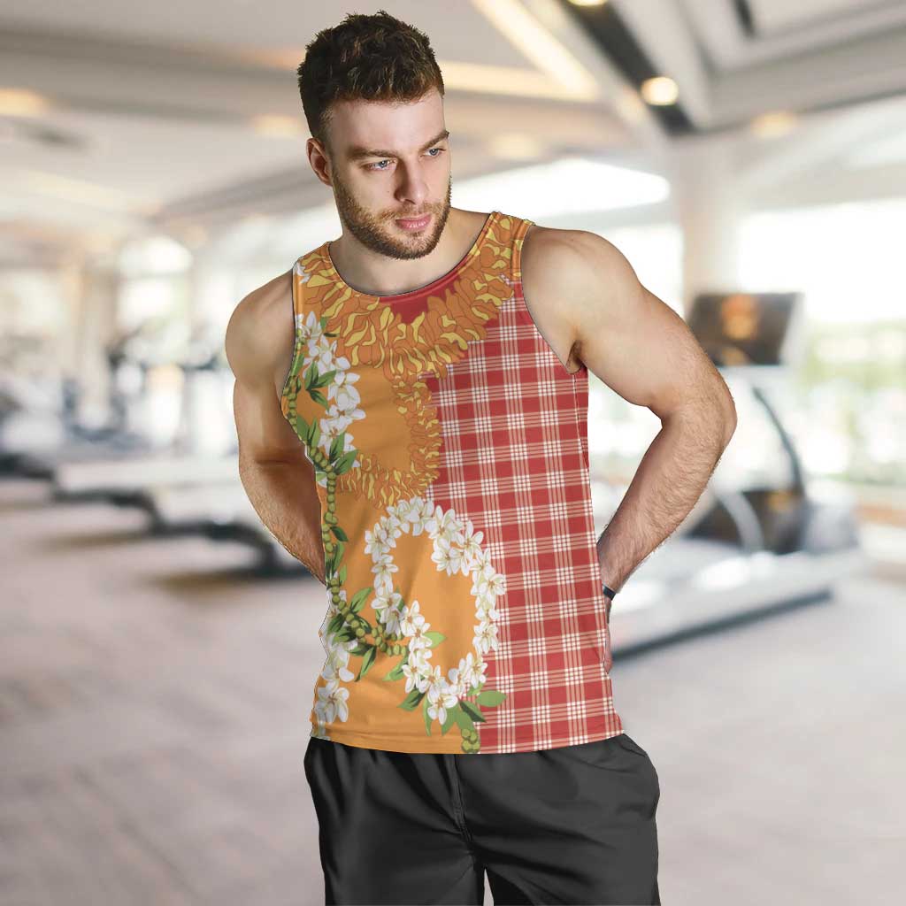 Prince Kuhio Aloha Hawaii Men Tank Top Plumeria Ilima Lei Palaka Motifs LT14 Red - Polynesian Pride