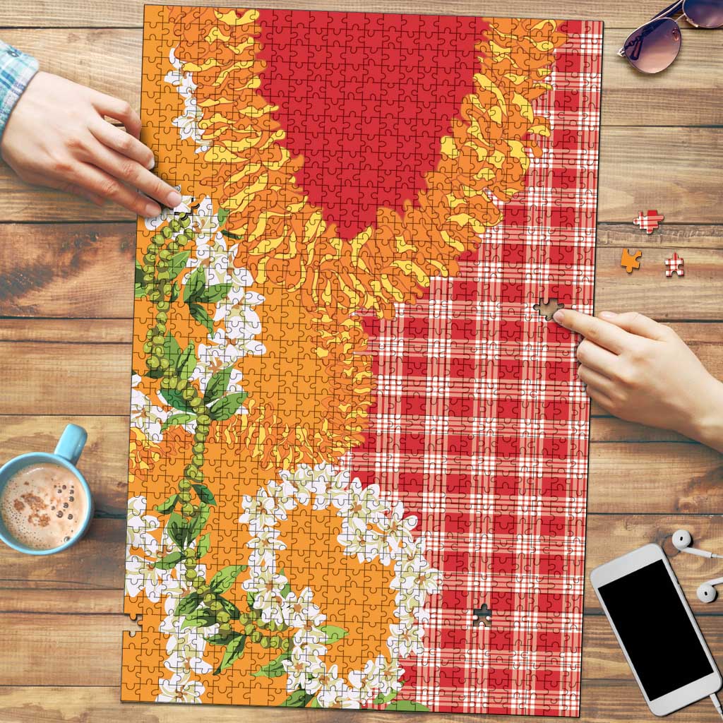Prince Kuhio Aloha Hawaii Puzzle Plumeria Ilima Lei Palaka Motifs LT14 Red - Polynesian Pride