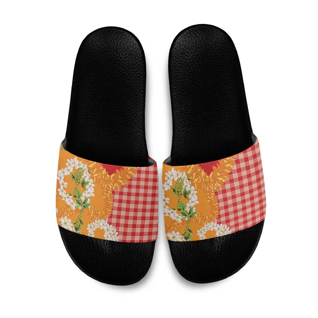 Prince Kuhio Aloha Hawaii Slide Sandals Plumeria Ilima Lei Palaka Motifs LT14 Red - Polynesian Pride