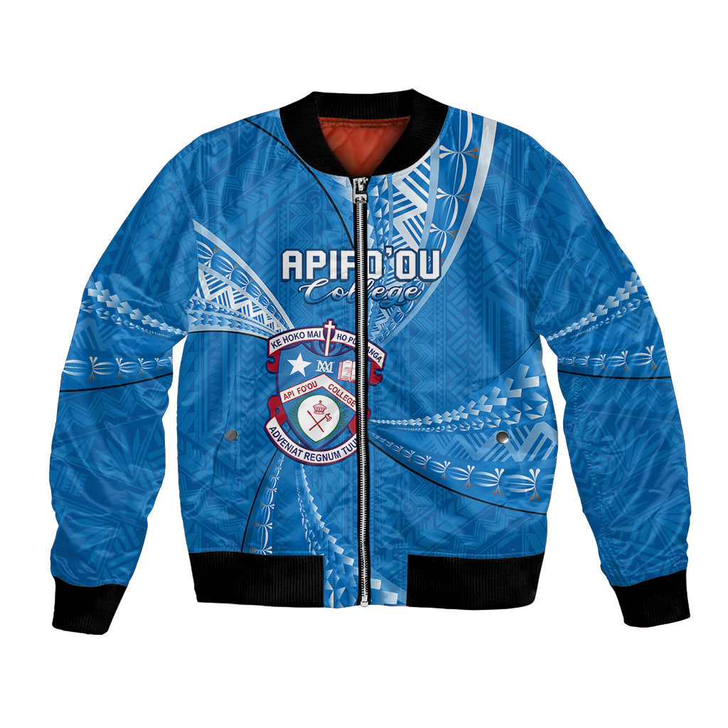 Personalised Tonga Apifoou College Bomber Jacket Tongan Ngatu Pattern LT14 Unisex Blue - Polynesian Pride