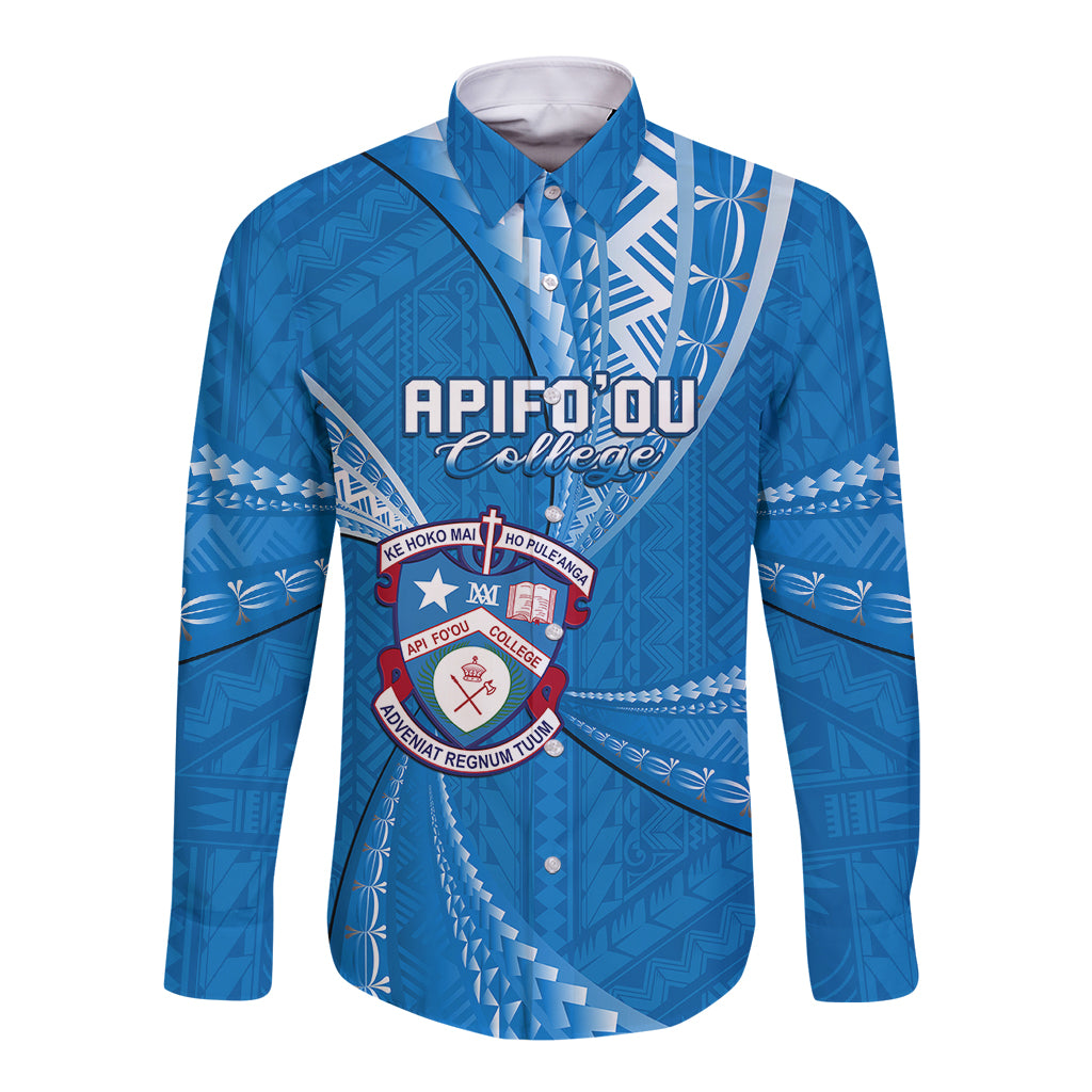 Personalised Tonga Apifoou College Long Sleeve Button Shirt Tongan Ngatu Pattern LT14 Unisex Blue - Polynesian Pride