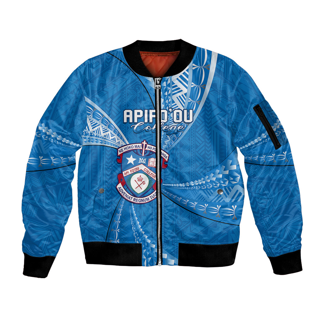 Personalised Tonga Apifoou College Sleeve Zip Bomber Jacket Tongan Ngatu Pattern LT14 Unisex Blue - Polynesian Pride