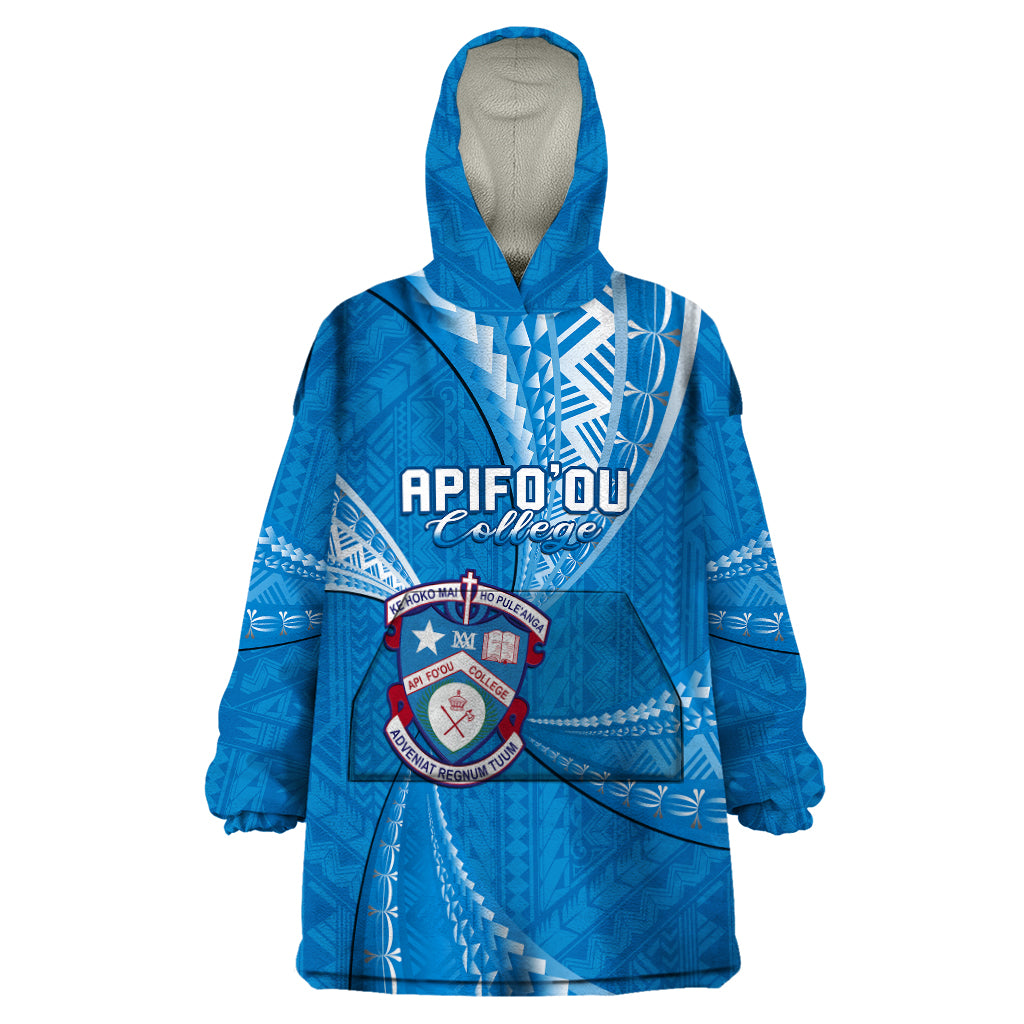 Personalised Tonga Apifoou College Wearable Blanket Hoodie Tongan Ngatu Pattern LT14 One Size Blue - Polynesian Pride