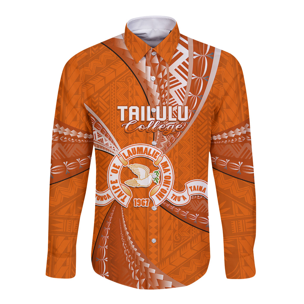 Personalised Tonga Tailulu College Long Sleeve Button Shirt Tongan Ngatu Pattern LT14 Unisex Orange - Polynesian Pride