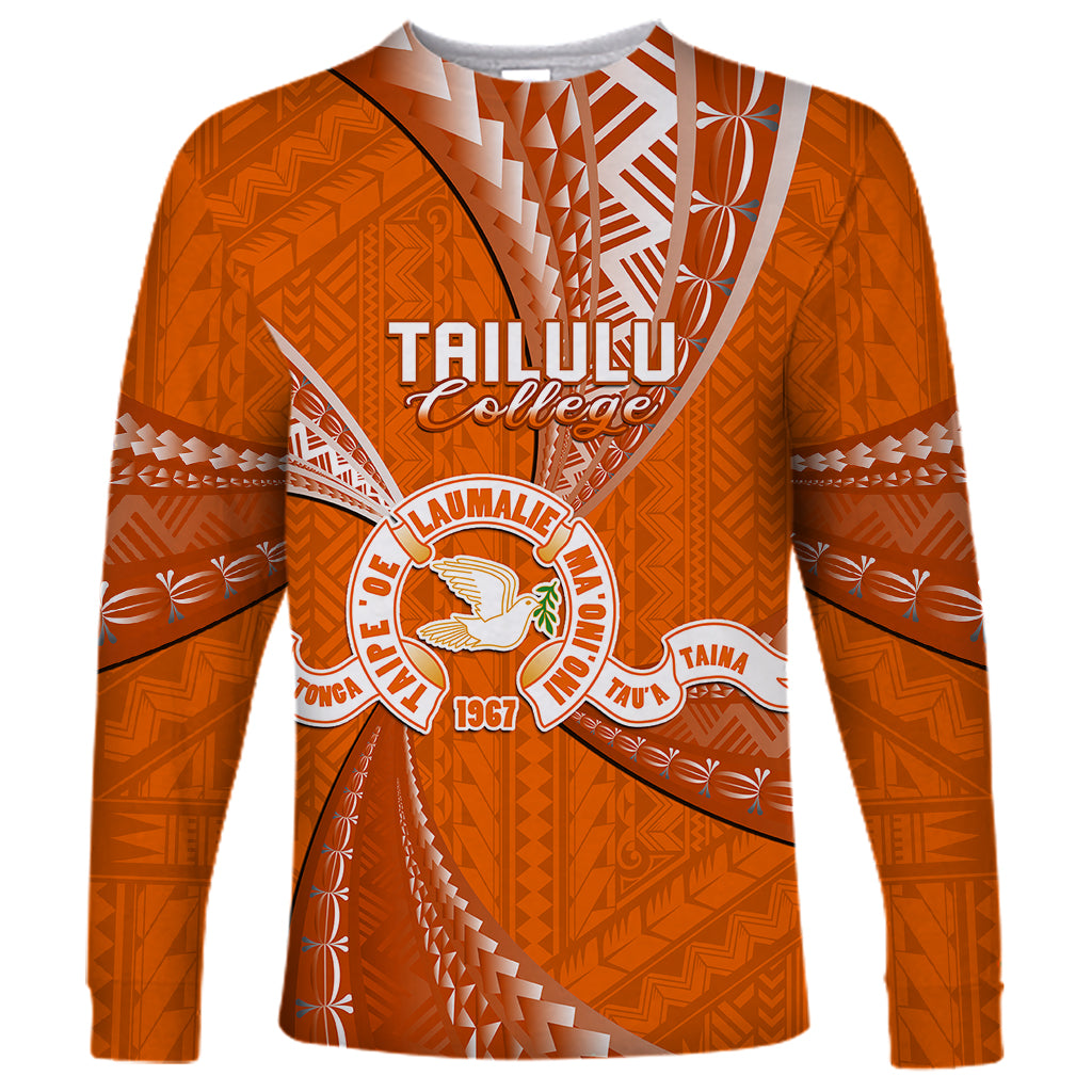 Personalised Tonga Tailulu College Long Sleeve Shirt Tongan Ngatu Pattern LT14 Unisex Orange - Polynesian Pride