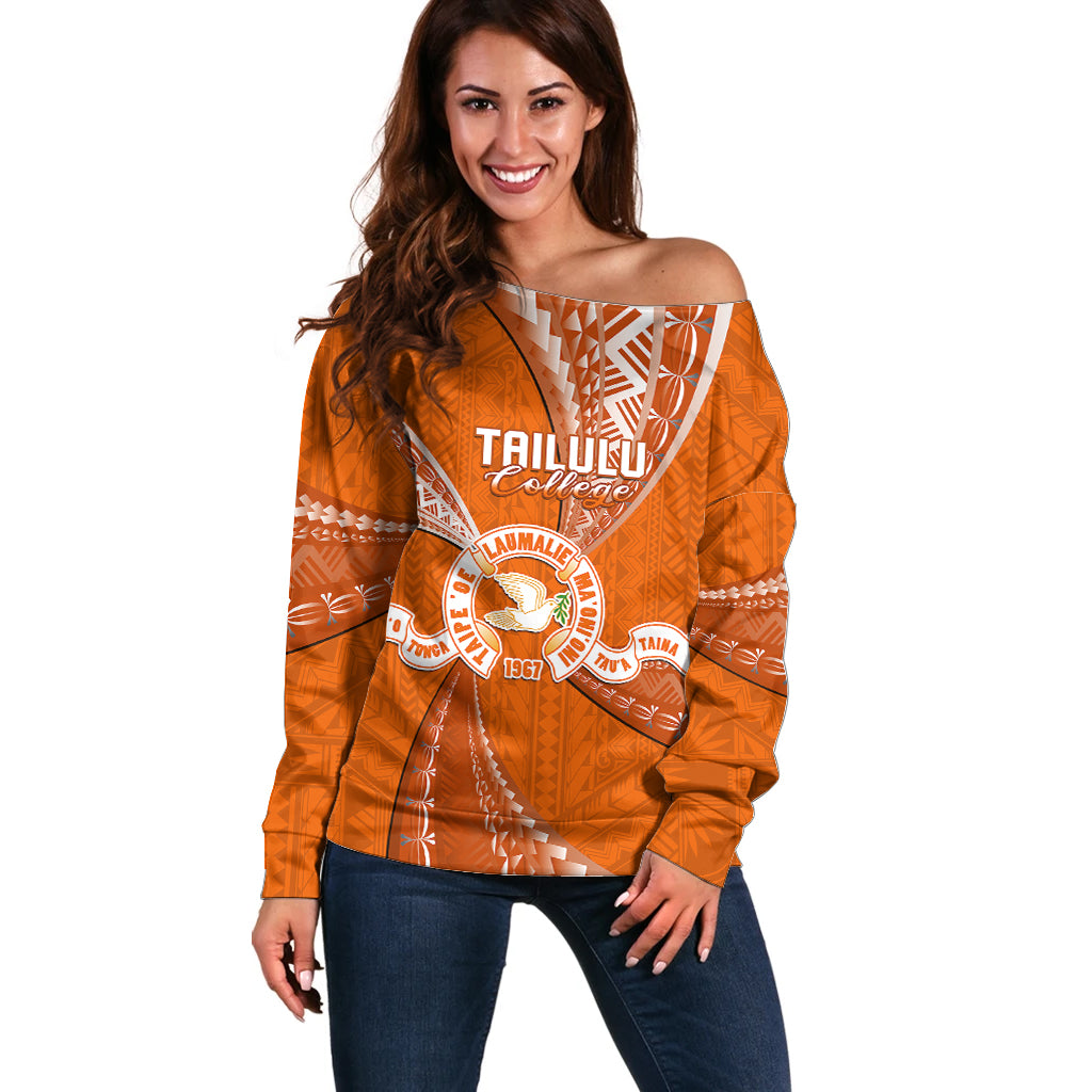 Personalised Tonga Tailulu College Off Shoulder Sweater Tongan Ngatu Pattern LT14 Women Orange - Polynesian Pride