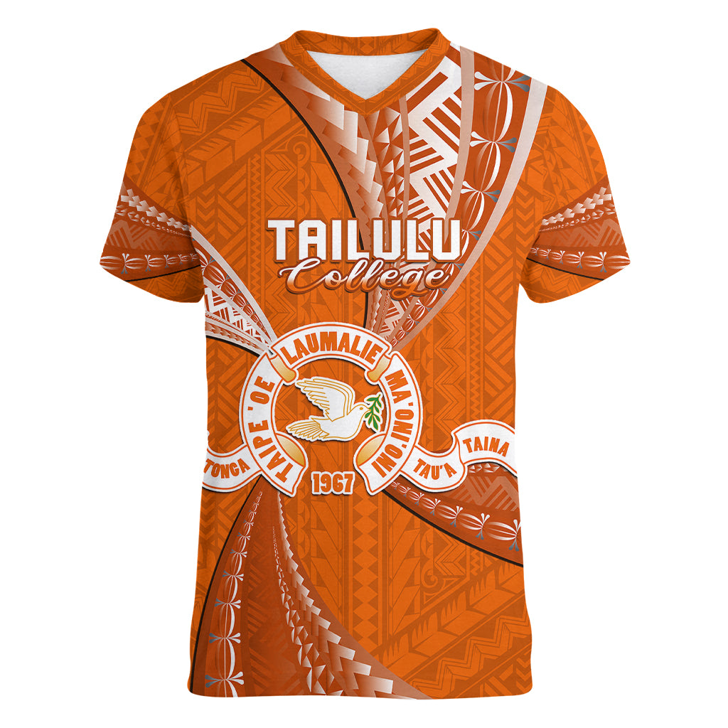 Personalised Tonga Tailulu College Women V Neck T Shirt Tongan Ngatu Pattern LT14 Female Orange - Polynesian Pride