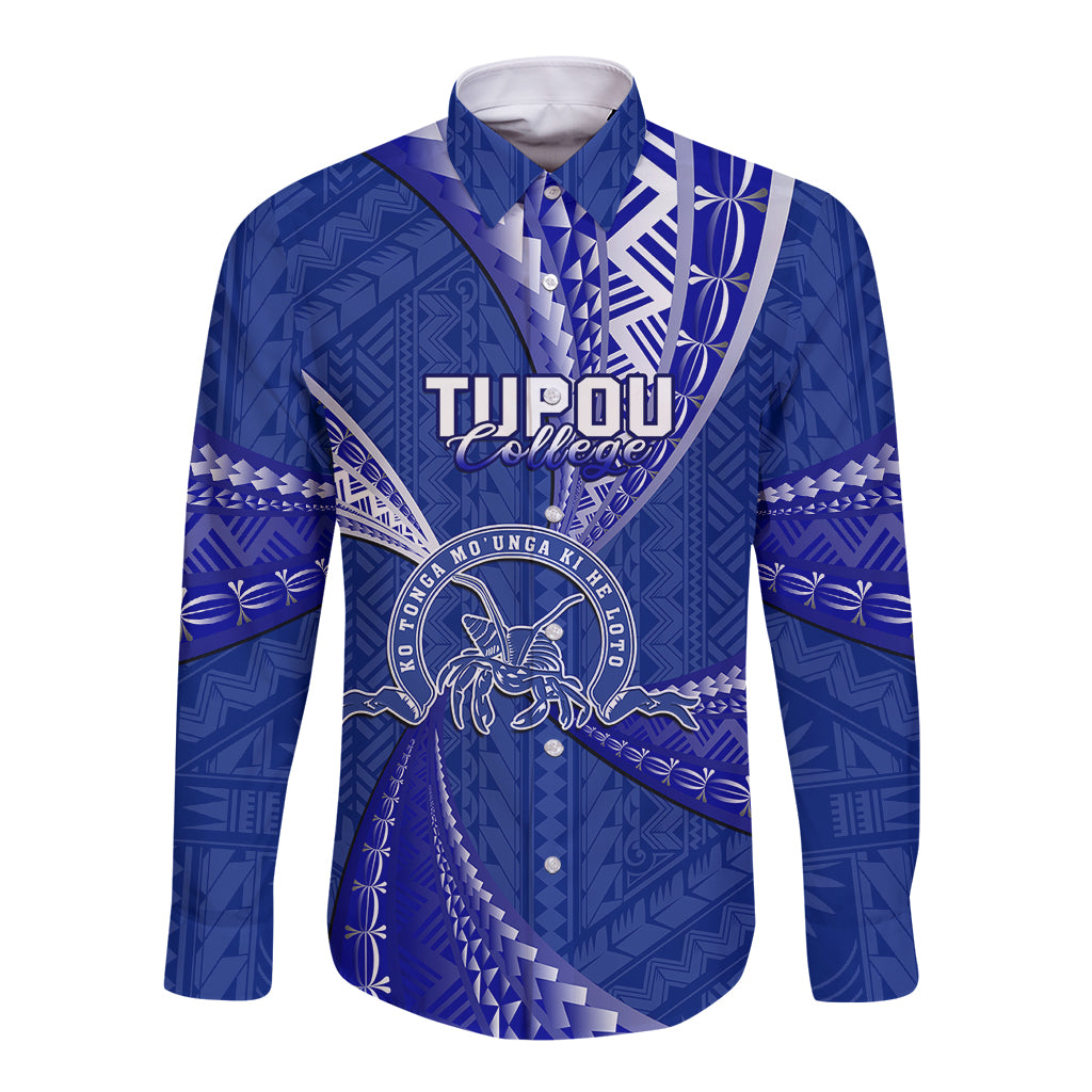 Personalised Tonga Tupou College Long Sleeve Button Shirt Tongan Ngatu Pattern LT14 Unisex Blue - Polynesian Pride