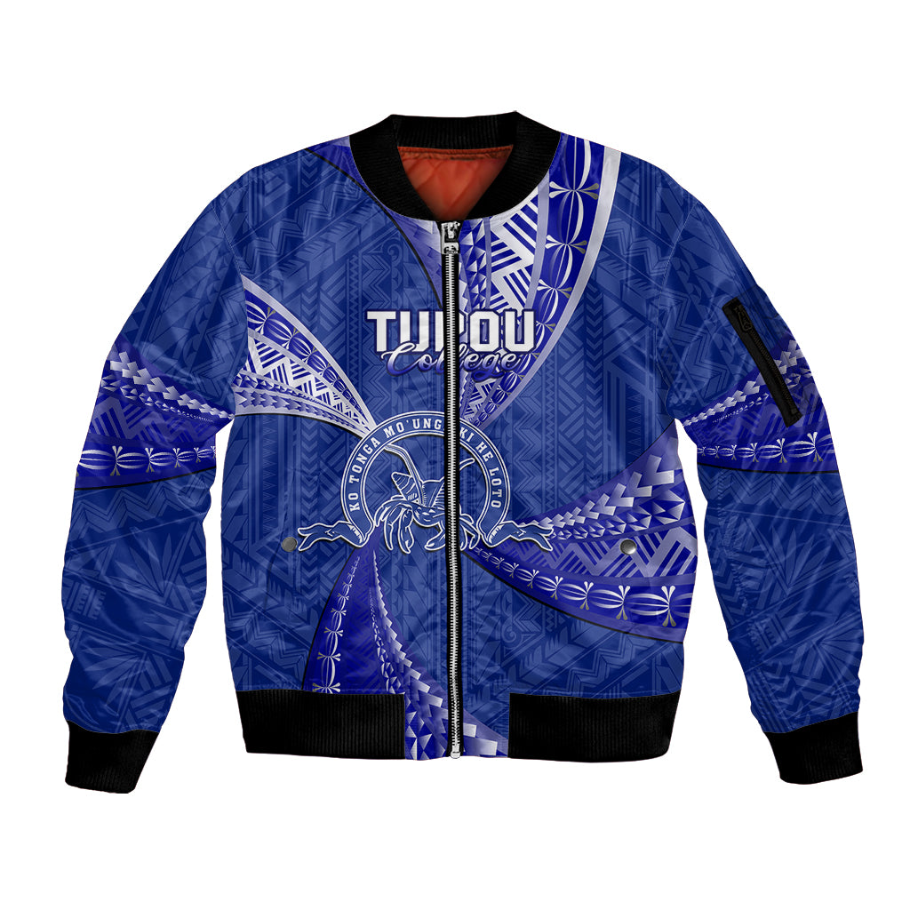 Personalised Tonga Tupou College Sleeve Zip Bomber Jacket Class Of Year Tongan Ngatu Pattern LT14 Unisex Blue - Polynesian Pride