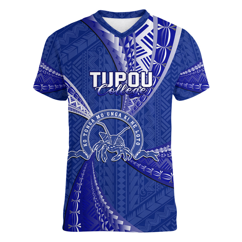 Personalised Tonga Tupou College Women V Neck T Shirt Class Of Year Tongan Ngatu Pattern LT14 Female Blue - Polynesian Pride