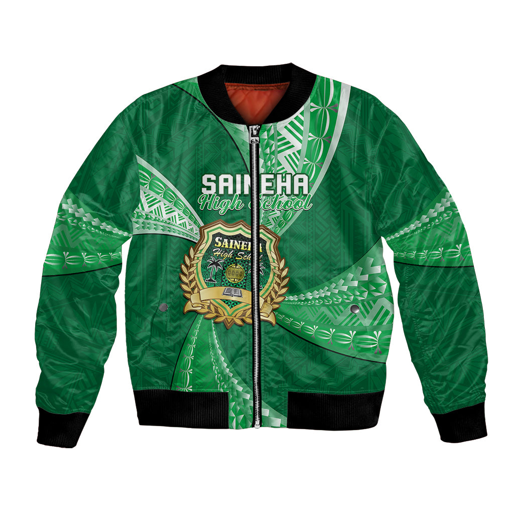 Personalised Tonga Saineha High School Bomber Jacket Tongan Ngatu Pattern LT14 Unisex Green - Polynesian Pride