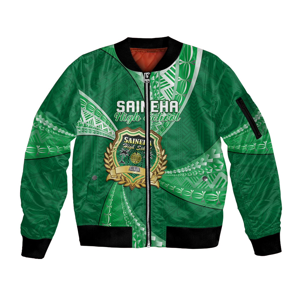 Personalised Tonga Saineha High School Sleeve Zip Bomber Jacket Tongan Ngatu Pattern LT14 Unisex Green - Polynesian Pride