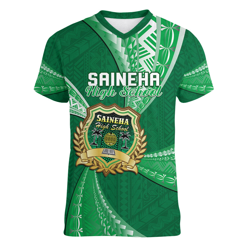 Personalised Tonga Saineha High School Women V Neck T Shirt Tongan Ngatu Pattern LT14 Female Green - Polynesian Pride