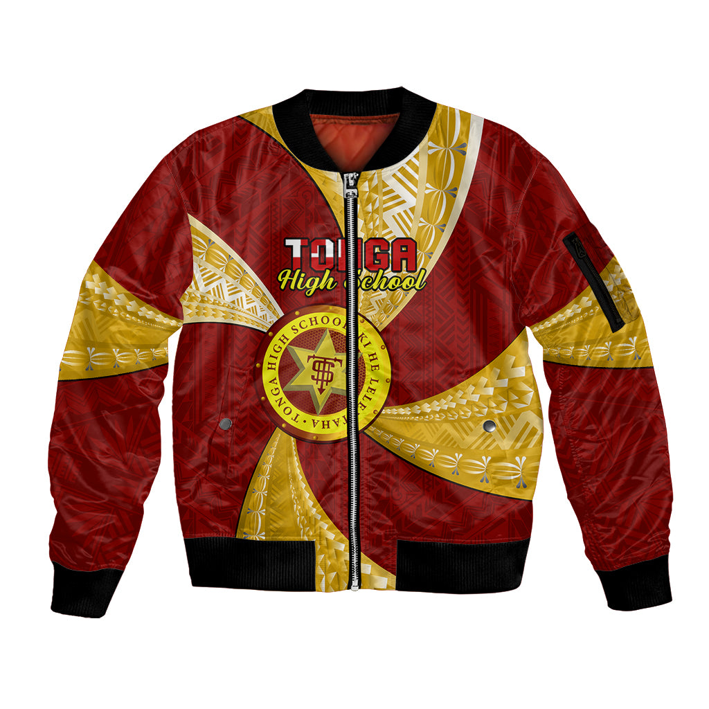 Personalised Tonga High School Sleeve Zip Bomber Jacket Tongan Ngatu Pattern LT14 Unisex Maroon - Polynesian Pride