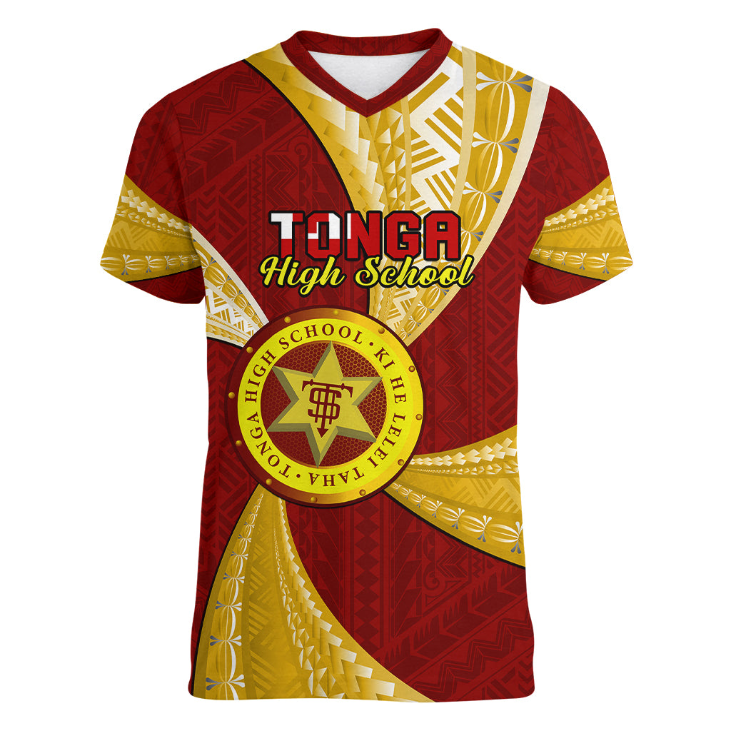 Personalised Tonga High School Women V Neck T Shirt Tongan Ngatu Pattern LT14 Female Maroon - Polynesian Pride