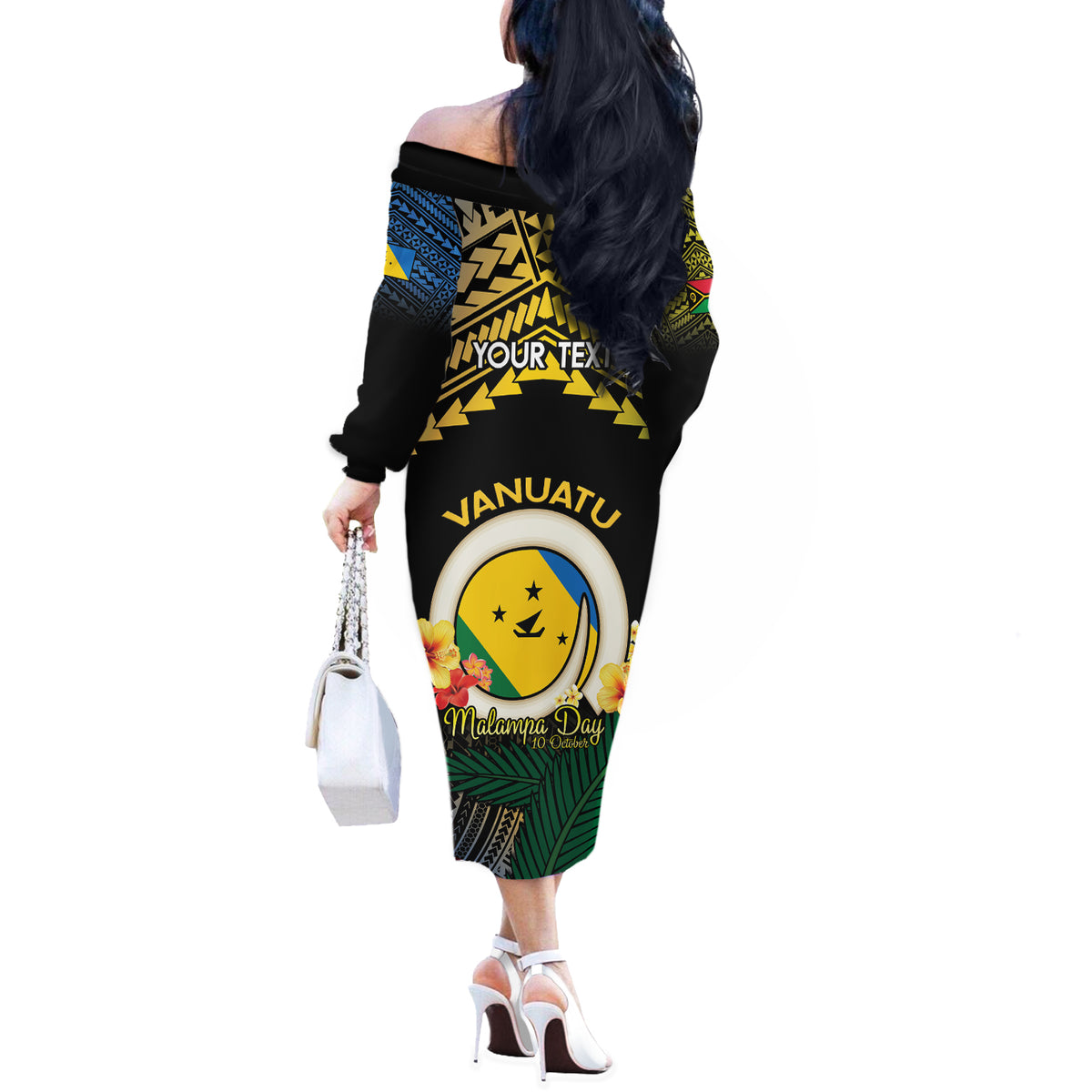 Personalised Malampa Day Off The Shoulder Long Sleeve Dress Vanuatu Provinces Polynesian Pattern LT14 - Polynesian Pride
