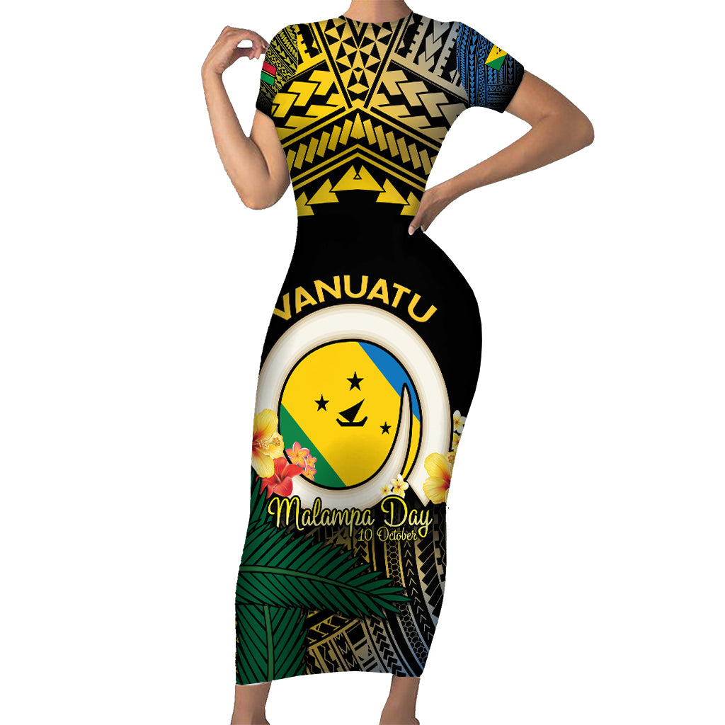 Personalised Malampa Day Short Sleeve Bodycon Dress Vanuatu Provinces Polynesian Pattern LT14 Long Dress Black - Polynesian Pride